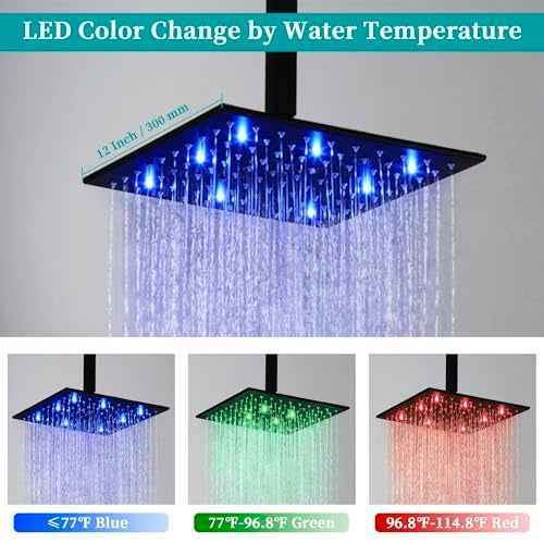SKOWLL Ceiling Mounted Shower System Set, Matte Black 12 Inch Rain Shower Head with LED Lights, Bathroom Shower Faucet Set with Handheld Rough-in Valve Included - Image 3