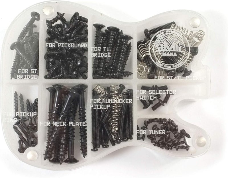 MAKA Guitar Screw Kit Assortment with Custom Acrylic Storage Box for Electric Guitar Bridge, Pickup, Pickguard, Tuner, Switch, Neck Plate, with Springs, Black - Image 2
