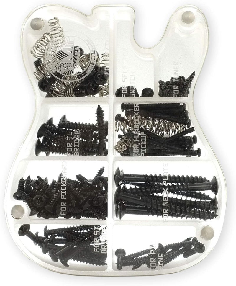 MAKA Guitar Screw Kit Assortment with Custom Acrylic Storage Box for Electric Guitar Bridge, Pickup, Pickguard, Tuner, Switch, Neck Plate, with Springs, Black - Image 1