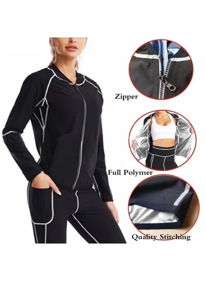 Jourvent Women’s Sauna Suit Set for Weight Loss, Premium High-Quality Breathable Fabric Quick-Dry Sweat-Wicking Compression Outfit, Zipper Long Sleeve Top & High-Waist Shaping Pants with Gloves & Shoe Covers - Image 4
