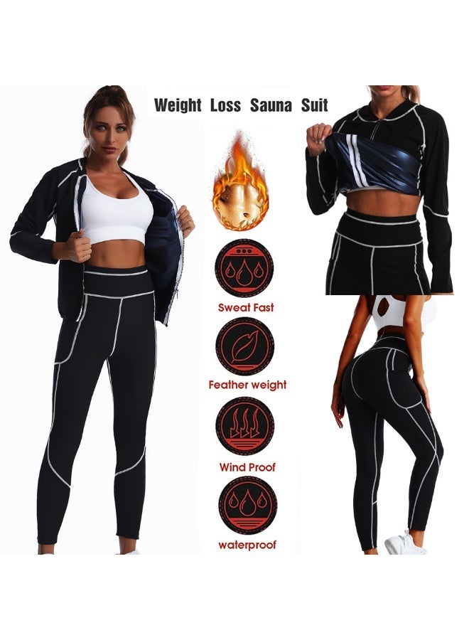 Jourvent Women’s Sauna Suit Set for Weight Loss, Premium High-Quality Breathable Fabric Quick-Dry Sweat-Wicking Compression Outfit, Zipper Long Sleeve Top & High-Waist Shaping Pants with Gloves & Shoe Covers - Image 2
