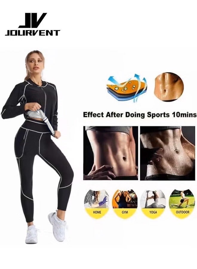 Jourvent Women’s Sauna Suit Set for Weight Loss, Premium High-Quality Breathable Fabric Quick-Dry Sweat-Wicking Compression Outfit, Zipper Long Sleeve Top & High-Waist Shaping Pants with Gloves & Shoe Covers - Image 3