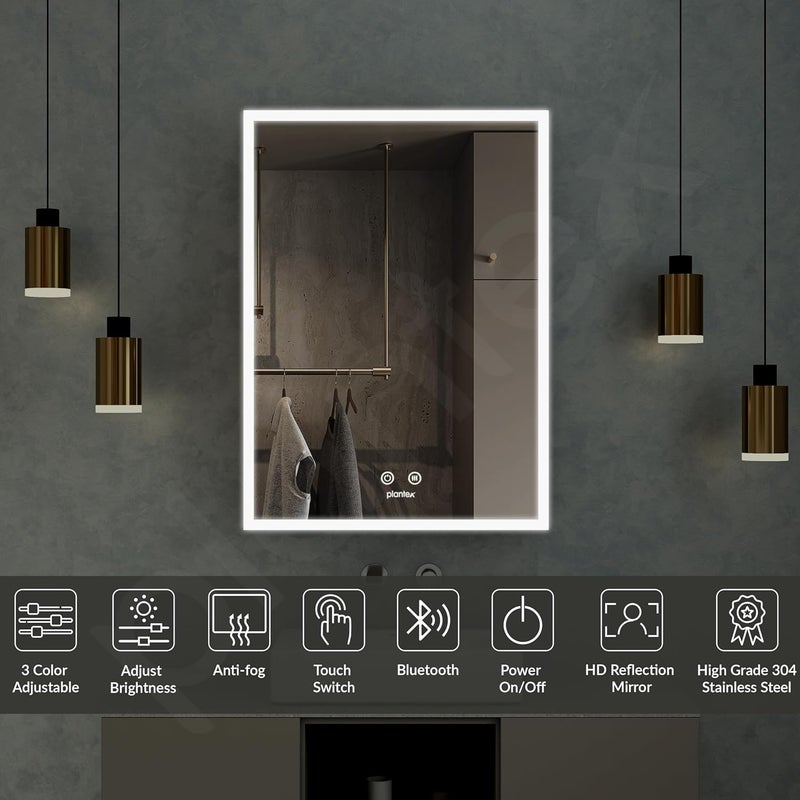 plantex Plantex Luxury Bathroom Cabinet with LED Mirror304 Grade Stainless Steel Mirror CabinetBathroom Shelf for Wall 19x27 InchLED Defogger BluetoothChrome  - Image 3