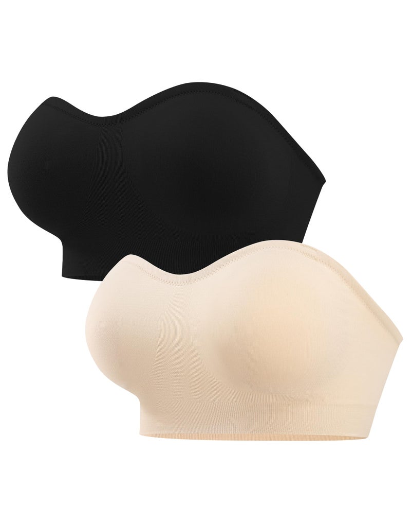 ANGOOL Strapless Bras for Women Wirefree Non-Slip Tube Top Invisible Bralette Seamless Padded Bandeau Bra, Black+Beige, M - Image 1