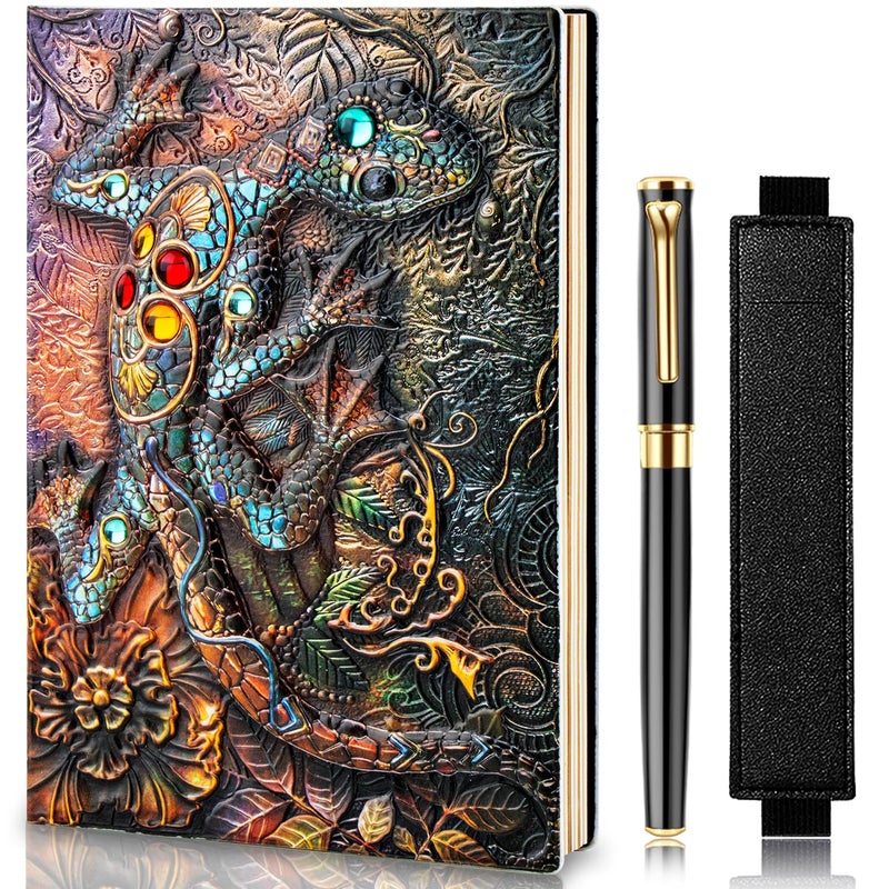 FEIDIAO Vintage Lizard Embossed Leather Notebook DND Notebook Travel Journal with Ballpoint Pen and Pen Sleeve,PU Leather Journal,Handmade A5 Diary,Writing Notebook Gift for Men&Women (Lizard) - Image 1