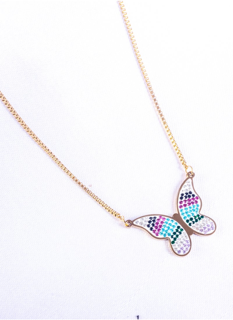 The Black Pearl Accessories - Stainless Steel Necklace Gold with a Colorful Zirconic Butterfly Pendant - Image 1