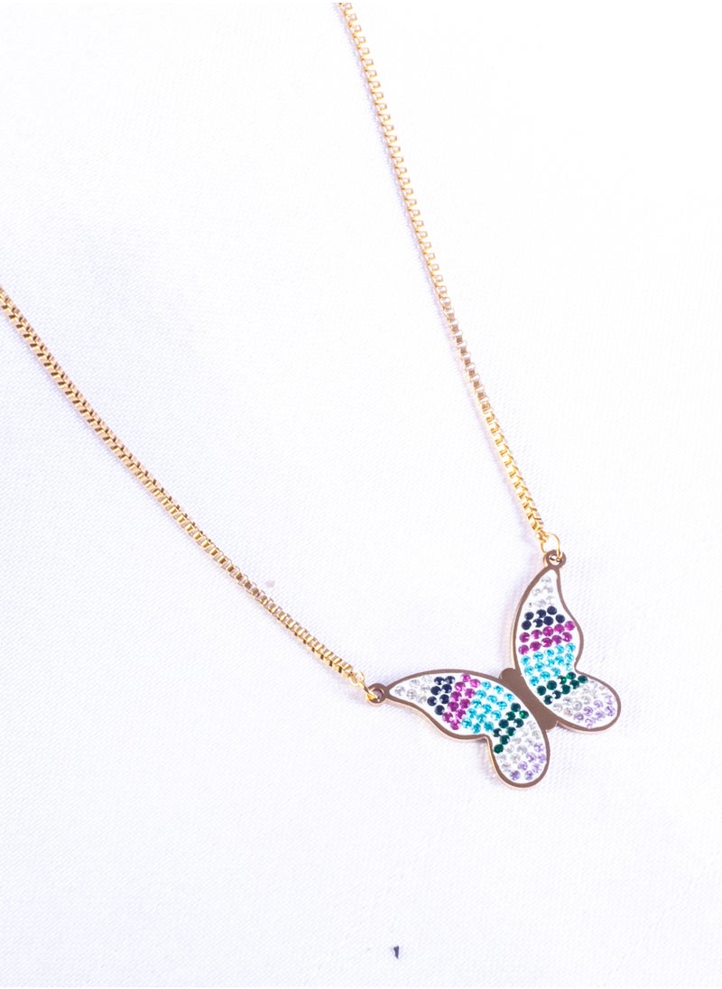 The Black Pearl Accessories - Stainless Steel Necklace Gold with a Colorful Zirconic Butterfly Pendant - Image 1