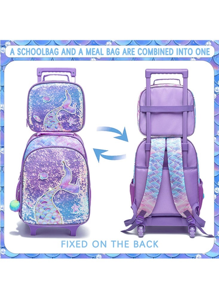 JCB CHIC مجموعة من 3 قطع حقيبة ظهر متدحرجة للأطفال، حقيبة كرتونية لطيفة ذات عجلتين مع صندوق غداء وحقيبة أقلام، حقيبة سفر متعددة الجيوب للأطفال، حقيبة يد للأطفال الصغار في المرحلة الابتدائية - Image 3