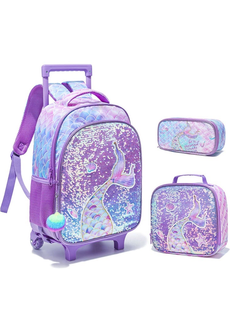 JCB CHIC مجموعة من 3 قطع حقيبة ظهر متدحرجة للأطفال، حقيبة كرتونية لطيفة ذات عجلتين مع صندوق غداء وحقيبة أقلام، حقيبة سفر متعددة الجيوب للأطفال، حقيبة يد للأطفال الصغار في المرحلة الابتدائية - Image 1