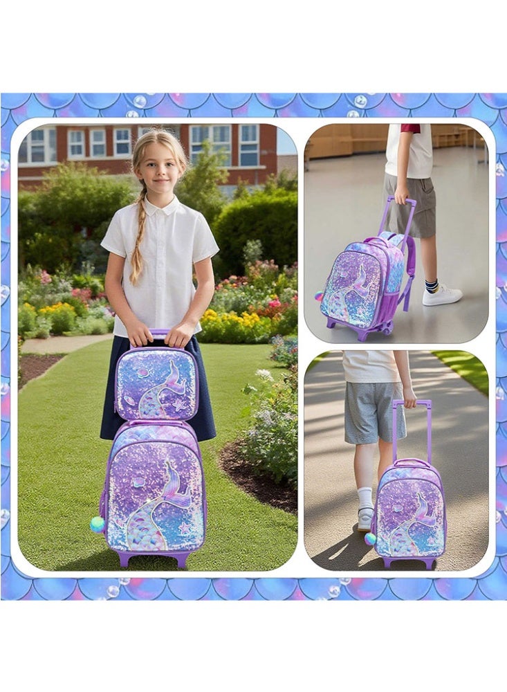 JCB CHIC مجموعة من 3 قطع حقيبة ظهر متدحرجة للأطفال، حقيبة كرتونية لطيفة ذات عجلتين مع صندوق غداء وحقيبة أقلام، حقيبة سفر متعددة الجيوب للأطفال، حقيبة يد للأطفال الصغار في المرحلة الابتدائية - Image 5