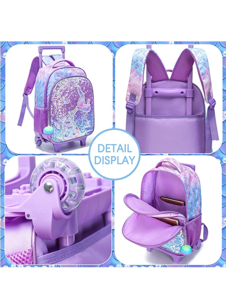 JCB CHIC مجموعة من 3 قطع حقيبة ظهر متدحرجة للأطفال، حقيبة كرتونية لطيفة ذات عجلتين مع صندوق غداء وحقيبة أقلام، حقيبة سفر متعددة الجيوب للأطفال، حقيبة يد للأطفال الصغار في المرحلة الابتدائية - Image 4