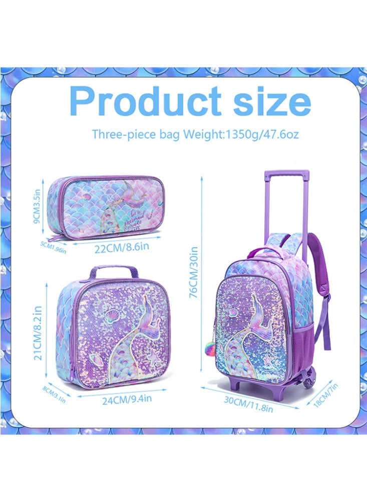 JCB CHIC مجموعة من 3 قطع حقيبة ظهر متدحرجة للأطفال، حقيبة كرتونية لطيفة ذات عجلتين مع صندوق غداء وحقيبة أقلام، حقيبة سفر متعددة الجيوب للأطفال، حقيبة يد للأطفال الصغار في المرحلة الابتدائية - Image 2