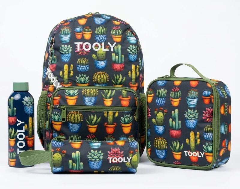 TOOLY 4-Piece Kids School Backpack Set – 44cm Backpack with Insulated Lunch Bag, Pencil Case & 500ml BPA-Free Water Bottle | Lightweight, Durable & Water-Resistant | Cactus Collection
