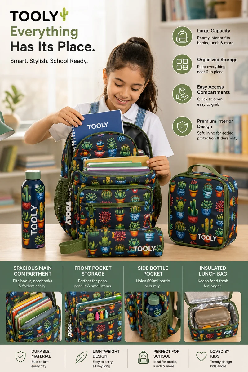 TOOLY 4-Piece Kids School Backpack Set – 44cm Backpack with Insulated Lunch Bag, Pencil Case & 500ml BPA-Free Water Bottle | Lightweight, Durable & Water-Resistant | Cactus Collection