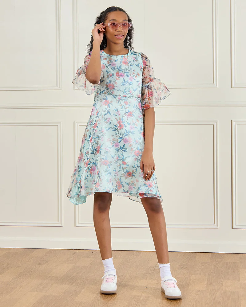 REDTAG Senior Girls White Organza Print Dress