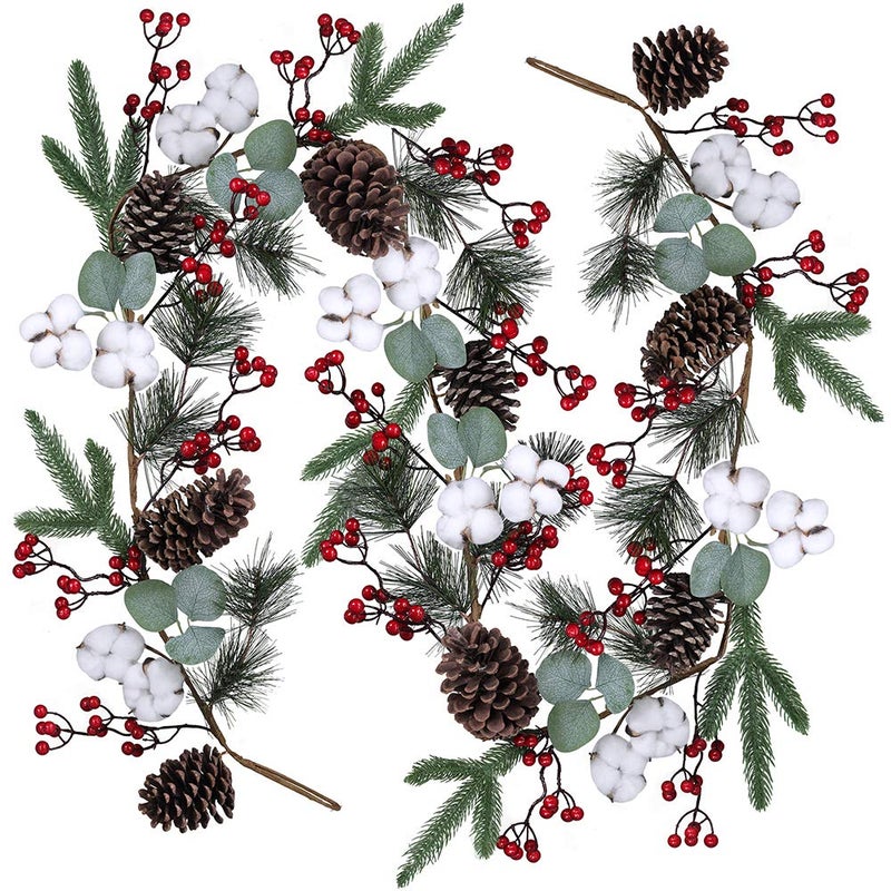 Artificial Christmas Pine Garland with Berries Pinecones Spruce Eucalyptus Leaves Cotton Balls Winter Greenery Garland for Holiday Season Mantel Fireplace Table Runner Centerpiece Dcor 6 feet