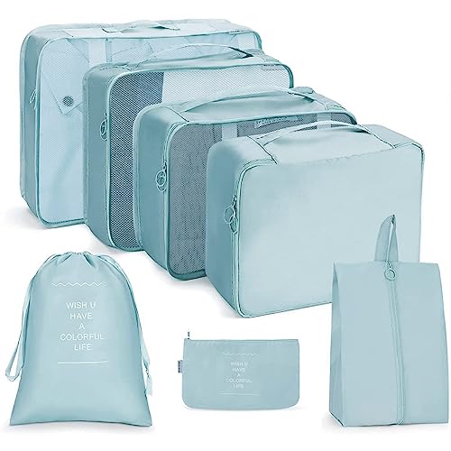 TS WITH TECHSUN Travel Organizer 7 in 1 Travel Laundry Cosmetics Luggage Packing Organizers Set Makeup Bags Organizer Packing Cubes with Shoe Bag for Travel, Nylon (Light Blue) - Image 1