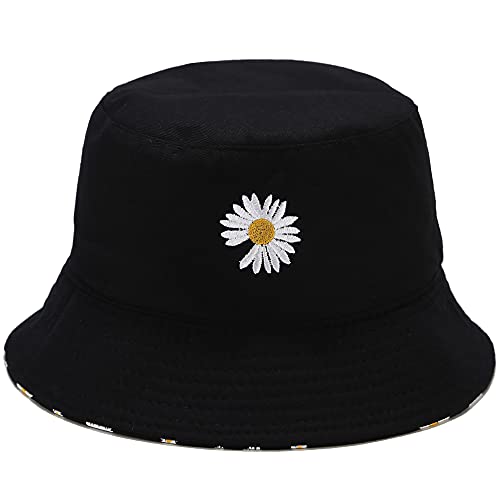 EYBF Flower Reversible Bucket Hat Summer Travel Beach Sun Hats Emboridery Vistor Cap (756 Black/Black) - Image 1