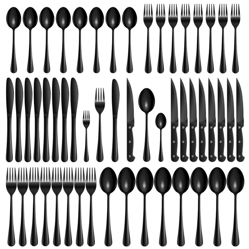 Velaze Cutlery Set 48Piece Black Knife and Fork Sets Stainless Steel Flatware Cutlery Set with Steak Knives Cutlery Set for 8 PeopleMirror PolishedDishwasher Safe