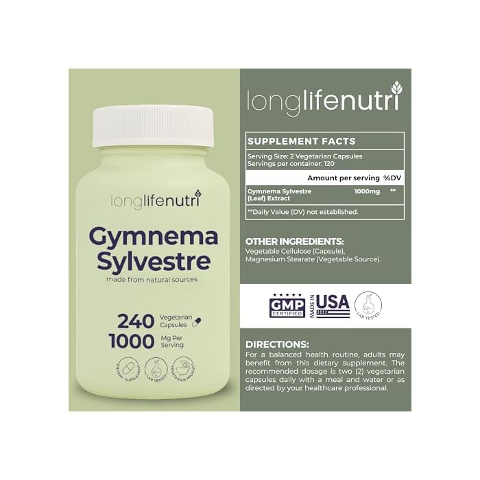 LongLifeNutri Gymnema Sylvestre 1000mg - Organic 20:1 Leaf Extract, 240 Vegetarian Capsules, 4-Month Supply, Herbal Supplement for Gut Health, GMP Certified, Made in USA - Image 2