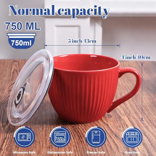 Hoilse Ceramic Soup Mug with Lid, 24oz Large Soup Cup with Handle, Microwave Soup Bowl for Breakfast Cereal, Oatmeal, Overnight Oats, Coffee, Salad, Dishwasher Safe,Housewarming Wedding Gift ,1PC (Red) - Image 2