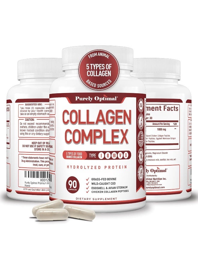 Purely Optimal Women's and Men's Premium Multi Collagen Peptides Capsules (Types I, II, III, V, X) - Anti-Aging, Healthy Skin & Hair, Strong Joints, Bones & Nails - Image 1