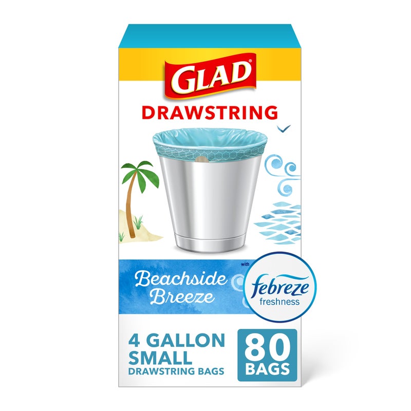 Glad Small Trash Bags 4 Gallon, Febreze Beachside Breeze Garbage Bags, Odor Resistant with Drawstring, 80 Count - Image 1