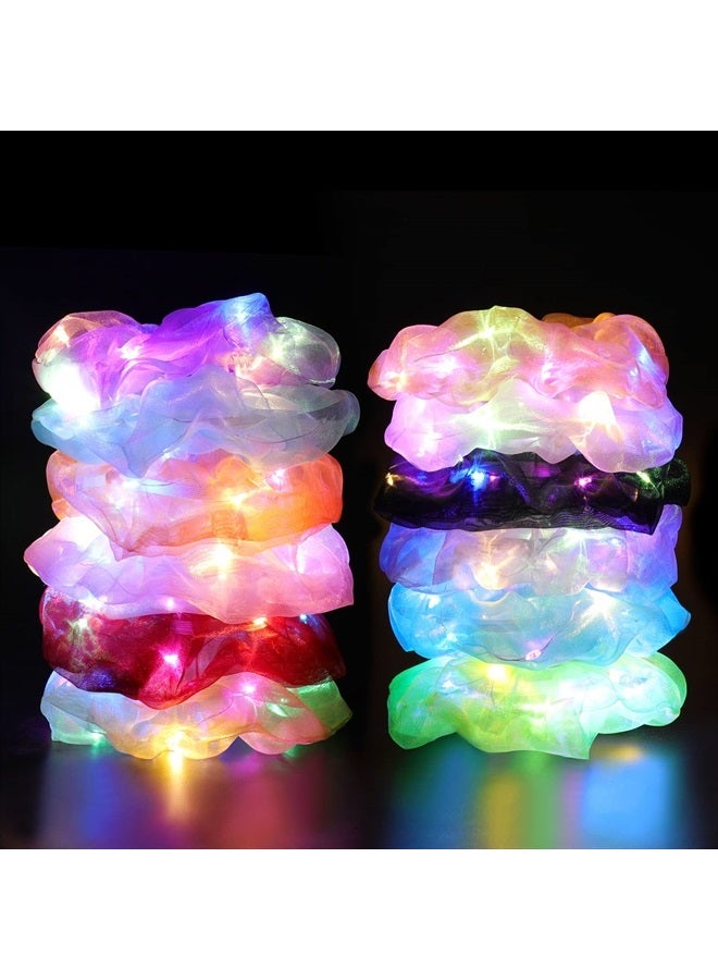 YL Mainland 12PCS LED Scrunchies, Led Glow Hair Bands with Premium Gift Bag, Light Up Hair Scrunchy for Women, Colorful Meteor Yarn Hair Tie 3 Light Modes, Glow in the Dark Hair Accessories for Neon Glow Party  - Image 1