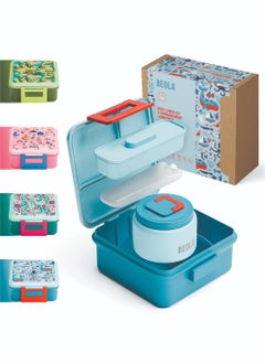 BEOLA Lunch Box for Kids with Food Jar Inside, Multi Compartment Bento Lunch Box with 240ml Food Thermos and Ice Pack, Tiffin Box for Kids with Insulated Steel Jar, Lightweight BPA free (Sea Vibes)  - Image 1