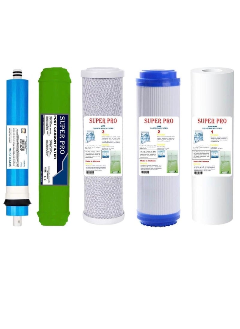 Generic - Water Filters Pack Set for Standard 5 Stage Reverse Osmosis RO Systems with 75 GPD RO Membrane, Stage 1 to 5, Under Sink Replacement Cartridge Filters - Image 1