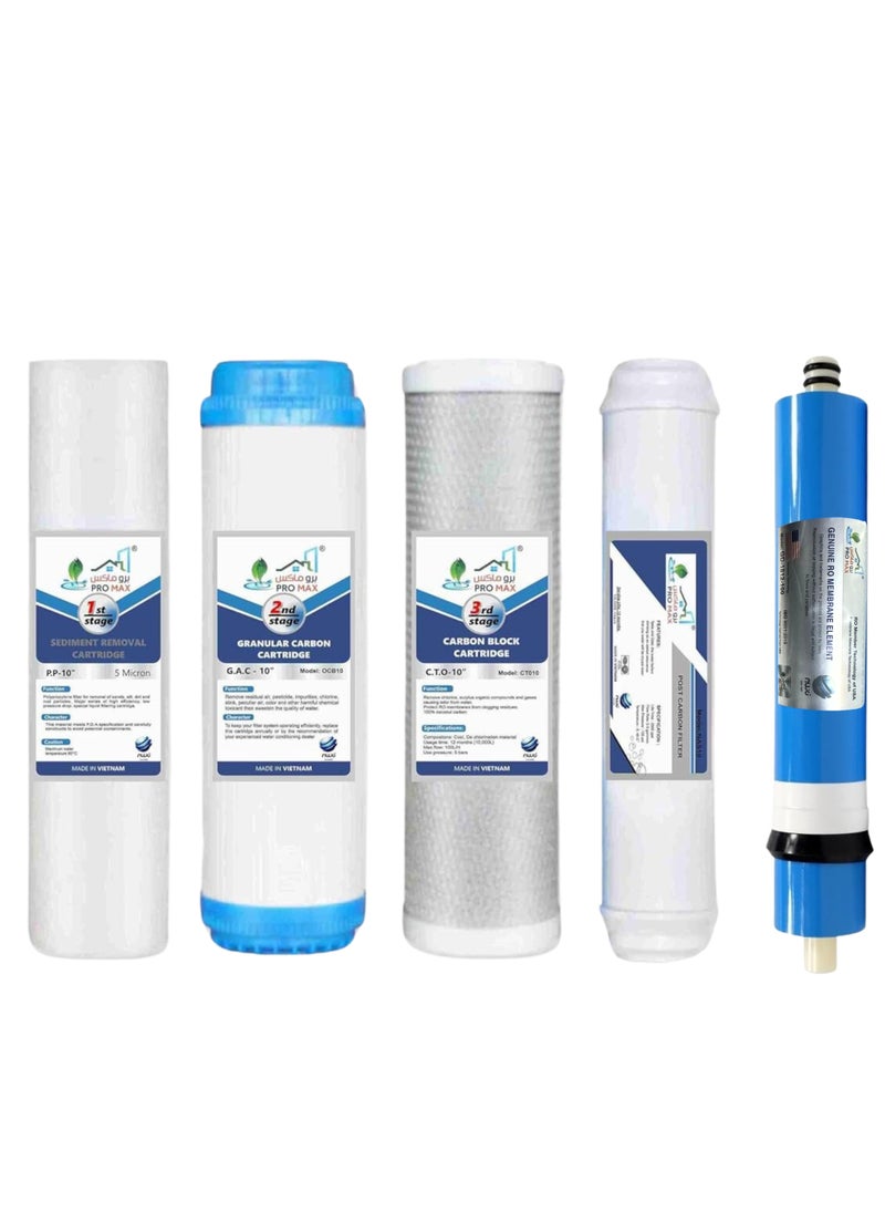 Generic - Water Filters Pack Set for Standard 5 Stage Reverse Osmosis RO Systems with 75 GPD RO Membrane, Stage 1 to 5, Under Sink Replacement Cartridge Filters - Image 1