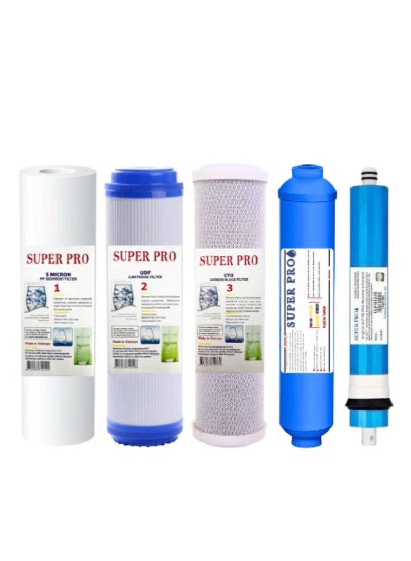 Water Filters Pack Set for Standard 5 Stage Reverse Osmosis RO Systems with 50 GPD RO Membrane, Stage 1 to 5, Under Sink Replacement Cartridge Filters - Image 2