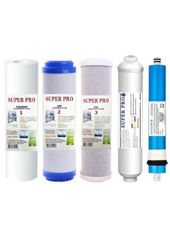 Water Filters Pack Set for Standard 5 Stage Reverse Osmosis RO Systems with 50 GPD RO Membrane, Stage 1 to 5, Under Sink Replacement Cartridge Filters - Image 1