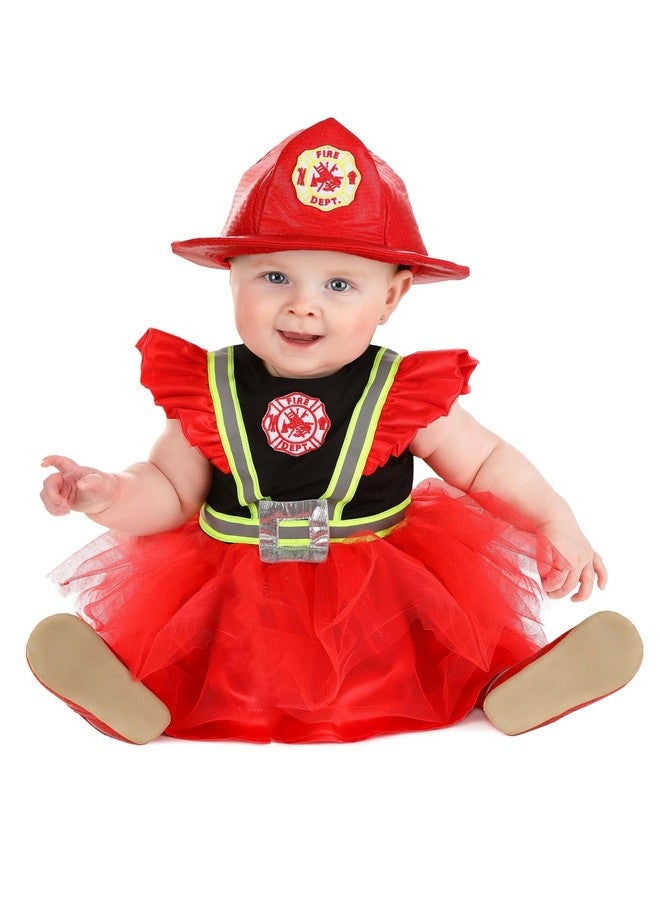 Fun Costumes Infant Firefighter Costume Dress - Baby Fire Chief Frilly Skirt Reflective Tape Uniform Outfit, Dress & Helmet - 6/9 Months - Red - Image 1
