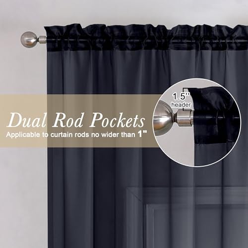 Lecloud 36 Inch Black Curtains Sheer Tiers for Kitchen Set of 2 Pieces, Dual Rod Pocket Window Small Curtain for Bedroom, Elegant Living Room Bathroom Cafe Cupboard Gauzy Tiers, 40W x 36L Inch - Image 2