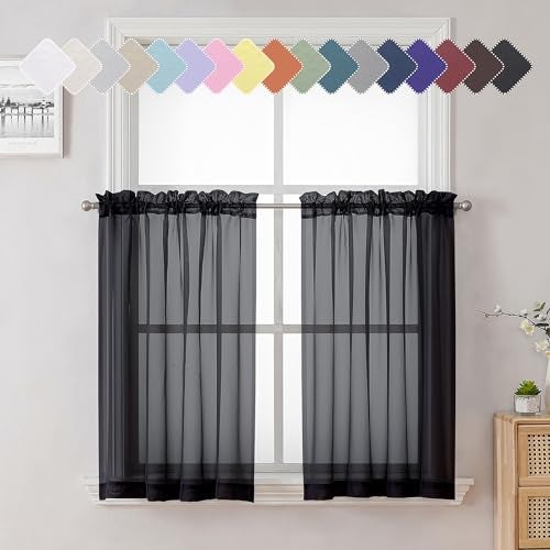 Lecloud 36 Inch Black Curtains Sheer Tiers for Kitchen Set of 2 Pieces, Dual Rod Pocket Window Small Curtain for Bedroom, Elegant Living Room Bathroom Cafe Cupboard Gauzy Tiers, 40W x 36L Inch - Image 1