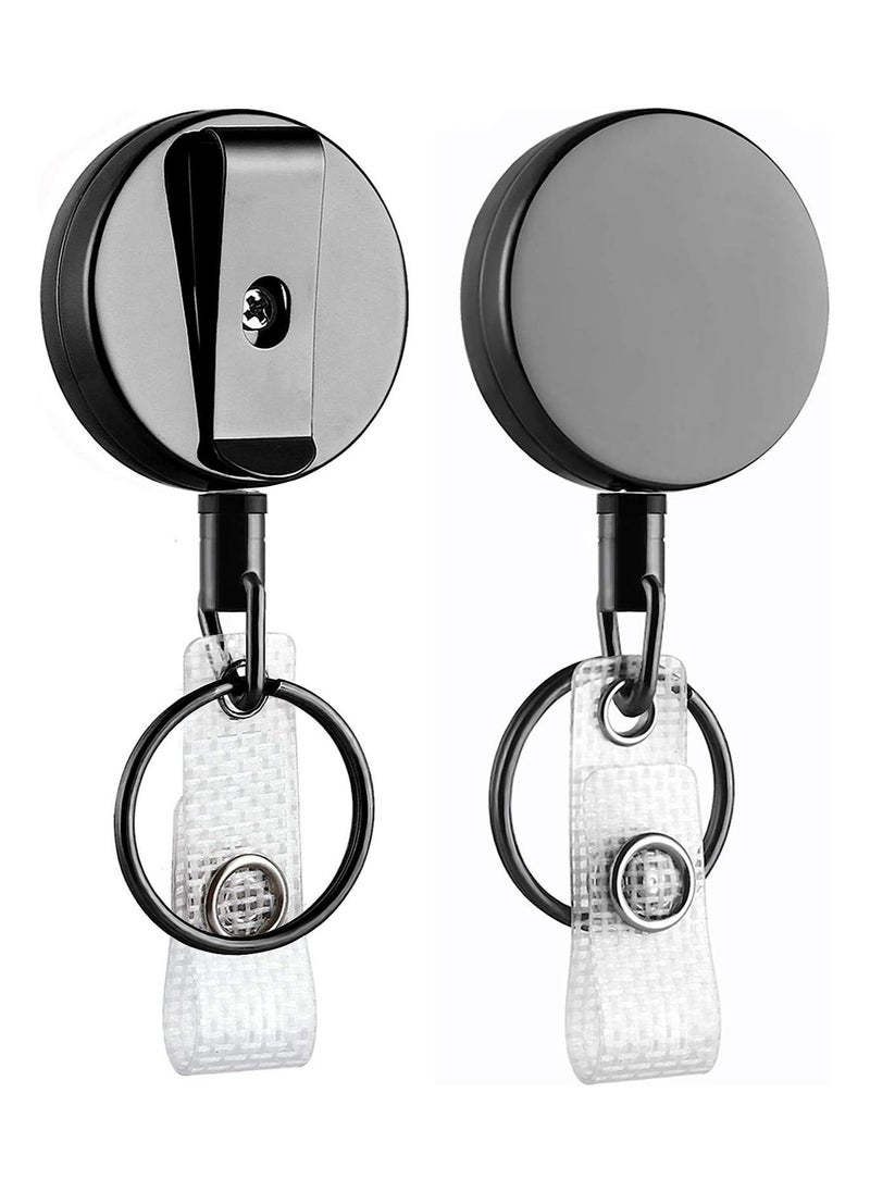 MJZ - 2 Pack Heavy Duty Retractable Badge Holder Reel, Metal ID Badge Holder with Belt Clip Key Ring for Name Card Keychain [All Metal Casing, 27.5" Fiber Cord, Reinforced Id Strap] - Image 1
