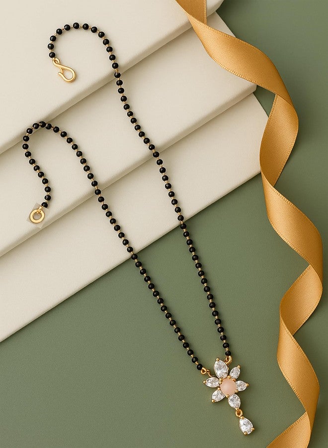 SHANKHRAJ MALL Elegant Floral Diamond CZ Mangalsutra for Women | Black Bead Chain with Gold-Plated Pendant | Traditional Ethnic Gift for Wife (A233) - Image 2