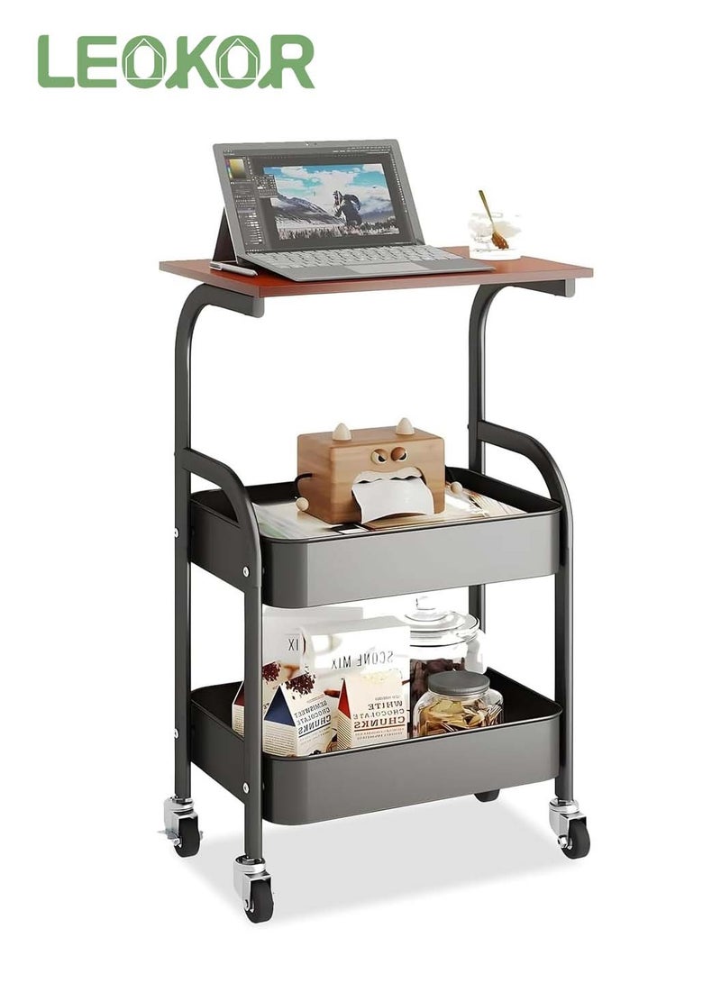 ليوكور عربة أدوات متعددة الاستخدامات قابلة للدوران مع سطح طاولة خشبي، عربة قابلة للدوران متعددة الاستخدامات ذات 3 طبقات مع عجلات قابلة للقفل للاستخدام في المطبخ والمكتب والحمام، عربة سوداء - Image 1