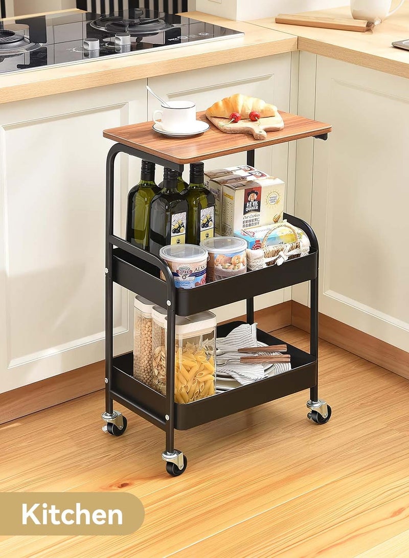 ليوكور عربة أدوات متعددة الاستخدامات قابلة للدوران مع سطح طاولة خشبي، عربة قابلة للدوران متعددة الاستخدامات ذات 3 طبقات مع عجلات قابلة للقفل للاستخدام في المطبخ والمكتب والحمام، عربة سوداء - Image 2
