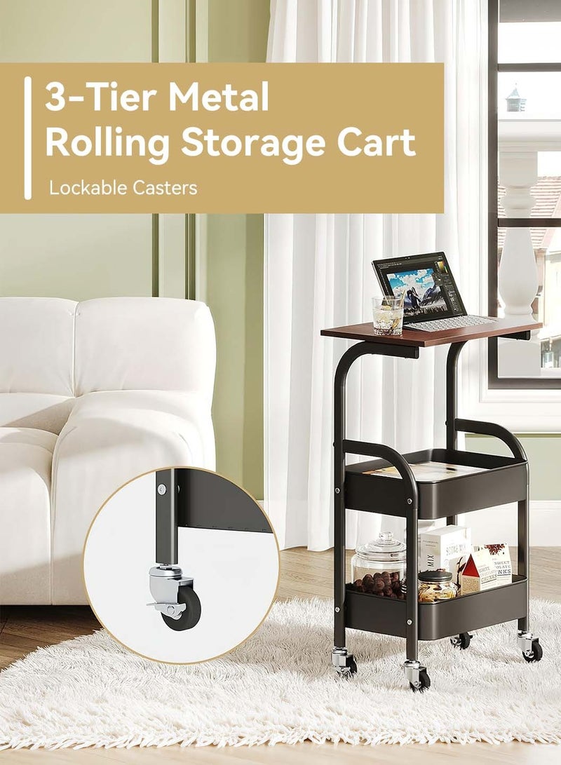 ليوكور عربة أدوات متعددة الاستخدامات قابلة للدوران مع سطح طاولة خشبي، عربة قابلة للدوران متعددة الاستخدامات ذات 3 طبقات مع عجلات قابلة للقفل للاستخدام في المطبخ والمكتب والحمام، عربة سوداء - Image 5