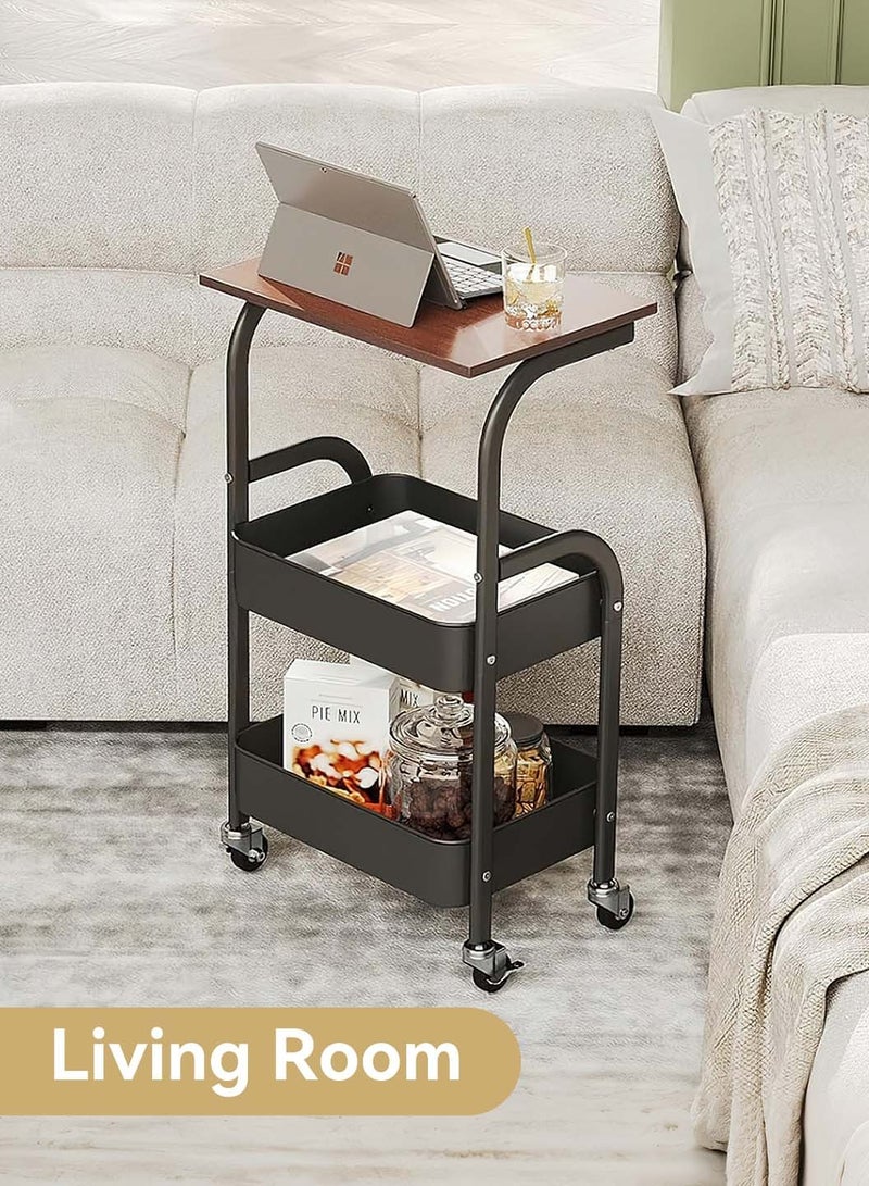 ليوكور عربة أدوات متعددة الاستخدامات قابلة للدوران مع سطح طاولة خشبي، عربة قابلة للدوران متعددة الاستخدامات ذات 3 طبقات مع عجلات قابلة للقفل للاستخدام في المطبخ والمكتب والحمام، عربة سوداء - Image 4