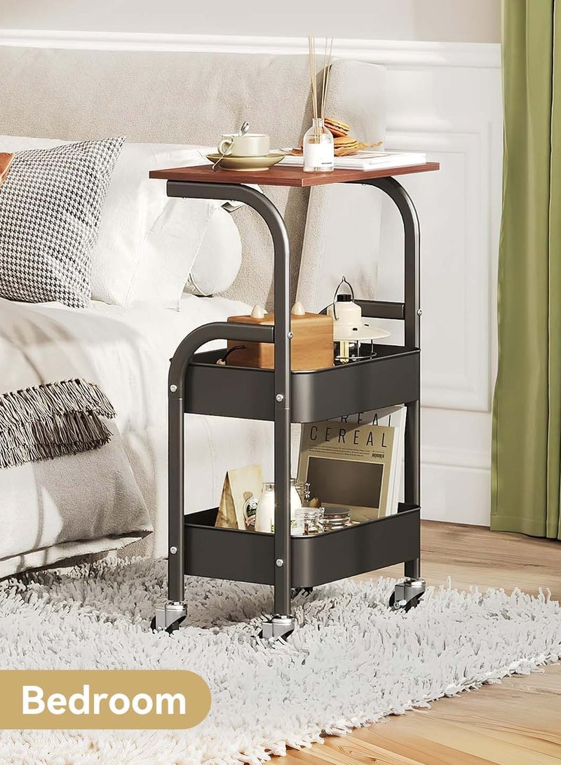 ليوكور عربة أدوات متعددة الاستخدامات قابلة للدوران مع سطح طاولة خشبي، عربة قابلة للدوران متعددة الاستخدامات ذات 3 طبقات مع عجلات قابلة للقفل للاستخدام في المطبخ والمكتب والحمام، عربة سوداء - Image 3