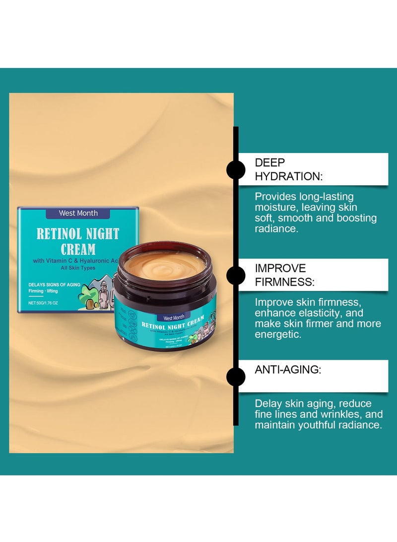 West&Month Korean Retinol Anti Aging Night Cream with Hyaluronic Acid & Vitamin C |Discover young, wrinkle-free & radiant skin| Anti aging cream for oily & dry skin| For Men & Women|Korean Skin Care|50gm - Image 2