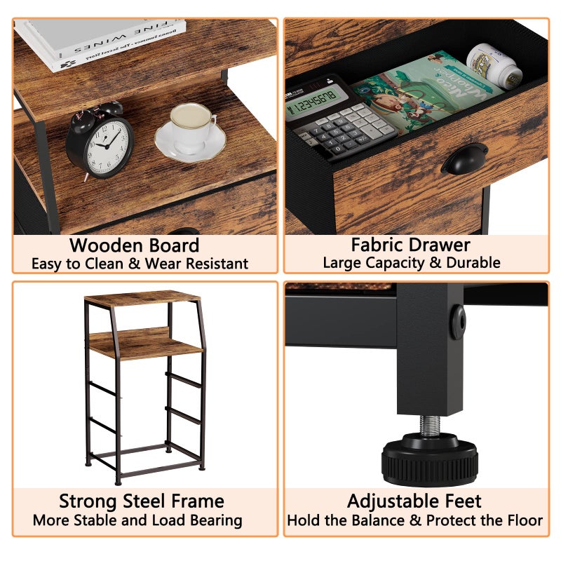 Furnulem طاولة جانبية فرنوليم مع 3 أدراج ورفين، منظم خزانة صغير من القماش، برج تخزين عمودي لغرفة النوم، الخزانة، الممر، حضانة، طاولة نهاية، أثاث جانبي، إطار فولاذي قوي، سطح خشبي - Image 3