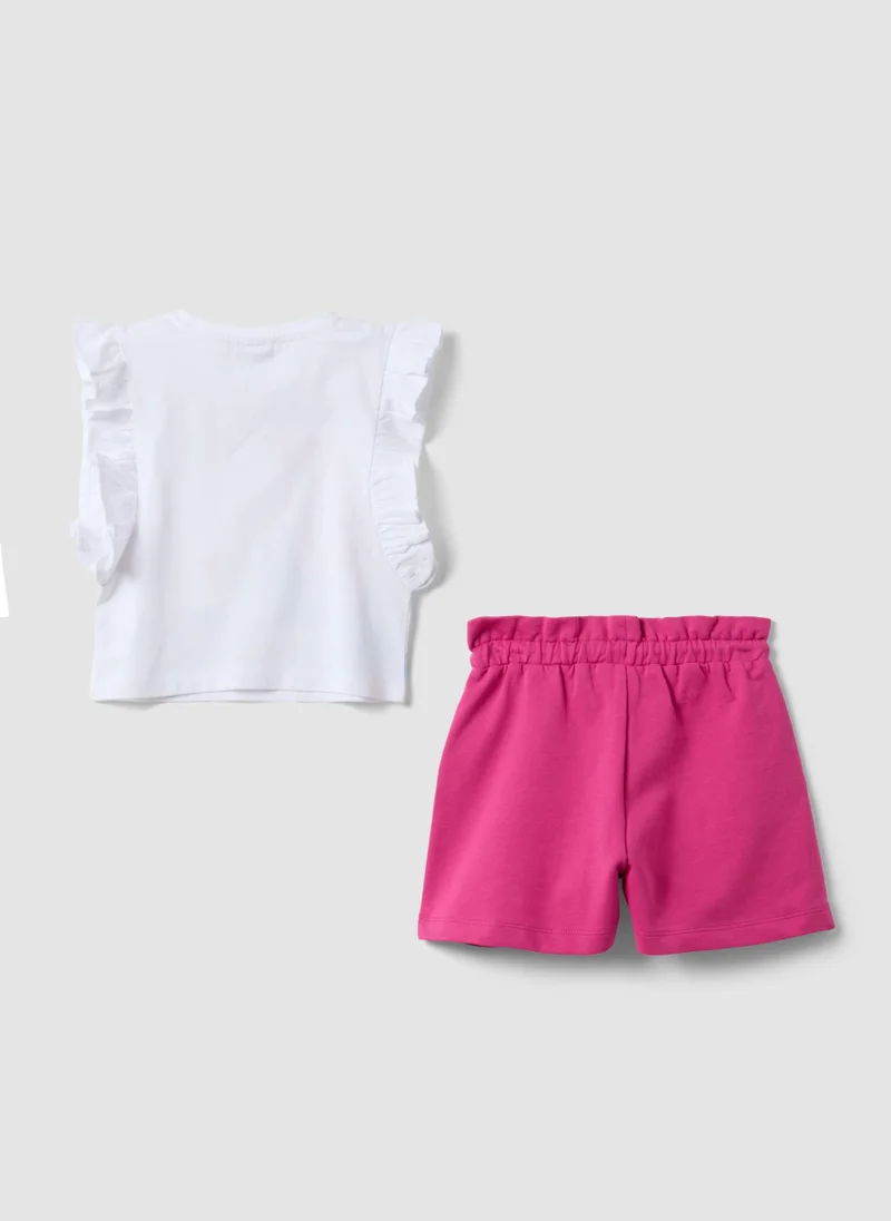 Ovs OVS White And Pink Stretch Cotton T-Shirt And Shorts Set For Girls, Regular Fit
