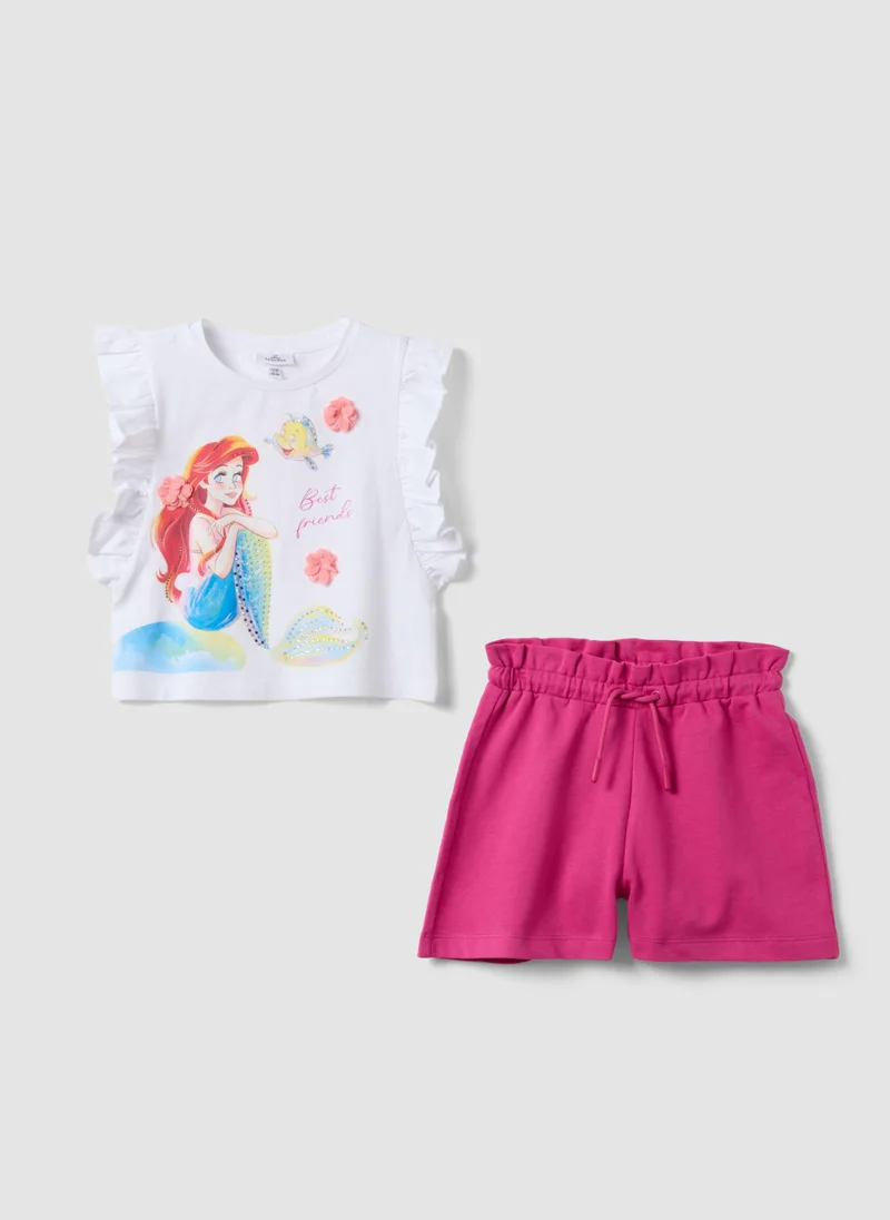 Ovs OVS White And Pink Stretch Cotton T-Shirt And Shorts Set For Girls, Regular Fit