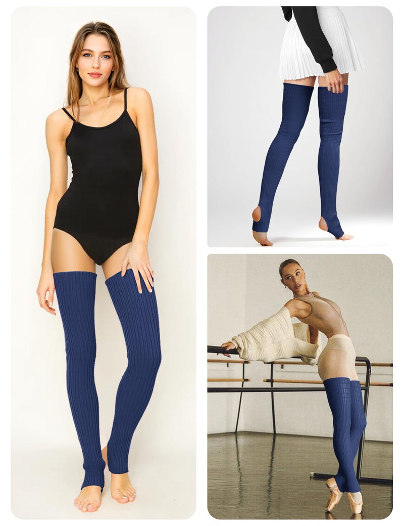 v28 Women Girls Thigh High Neon Ribbed Long 80s 90s Party Skating Leg Warmers (One Size, Hole86 -Navy) - Image 3