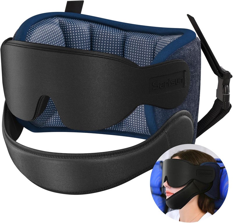 SARISUN Travel Pillows for Airplanes with Sleep Eye Mask, Chin Strap, Airplane Pillow for Long Flights, Car Road Trip, 360° Support Headrest, Stop Bobblehead, Mottled Blue - Image 1