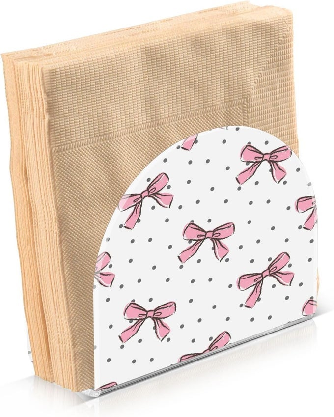 BOW PINK NAPKIN HOLDER FOR TABLE ACRYLIC UPRIGHT NON SLIP TABLETOP FREESTANDING TISSUE PAPER DISPENSER FOR KITCHEN RESTAURANT HOME HOTEL DECOR